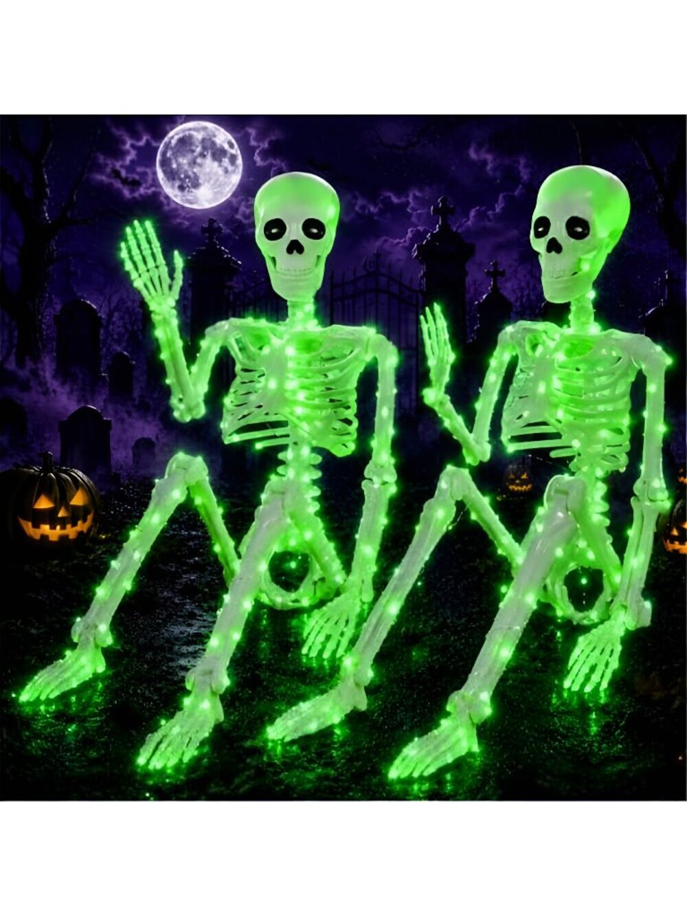 2Pack36 Halloween Lighted Skeleton Deco(350 Green Lights,6H auto‑Off)